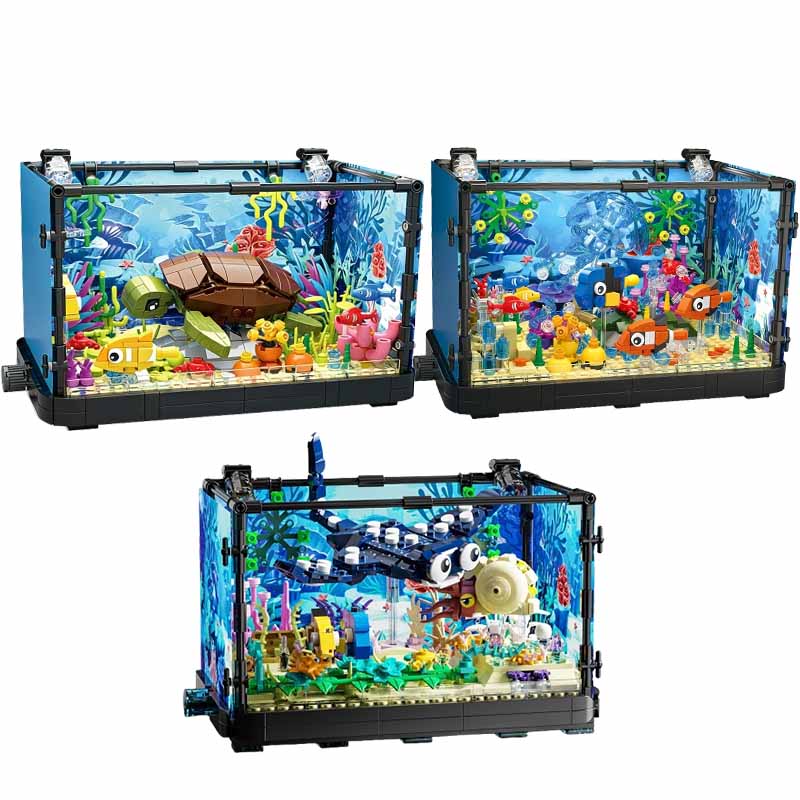 Marine Fish Tank - ライト付き水槽ビルディングブロックセット、水槽、海洋カメ、14歳以上の子供向けビルディングブロックおもちゃ、ギフト、家の装飾